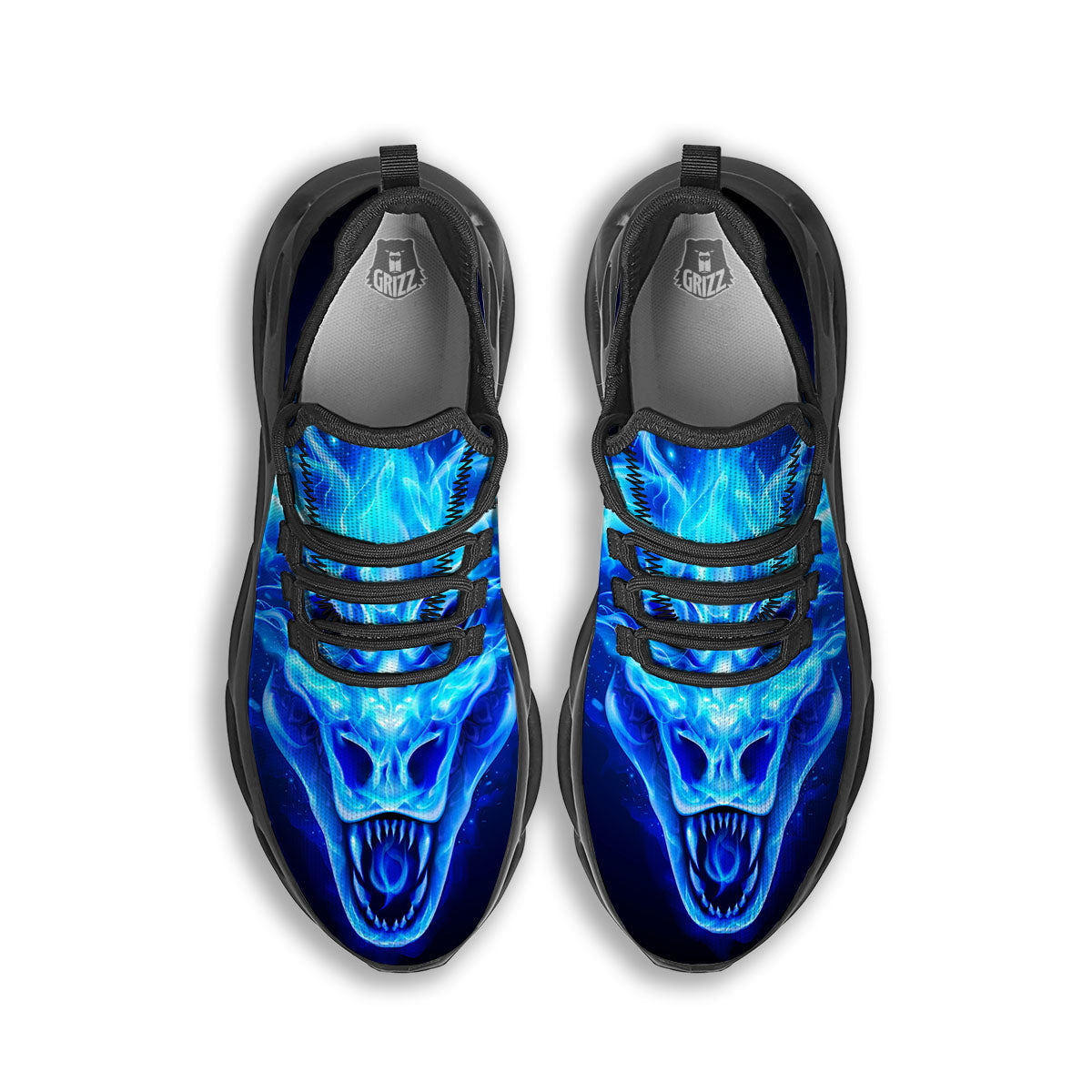Dragon Head in Blue Flame Print Black Running Shoes-grizzshop