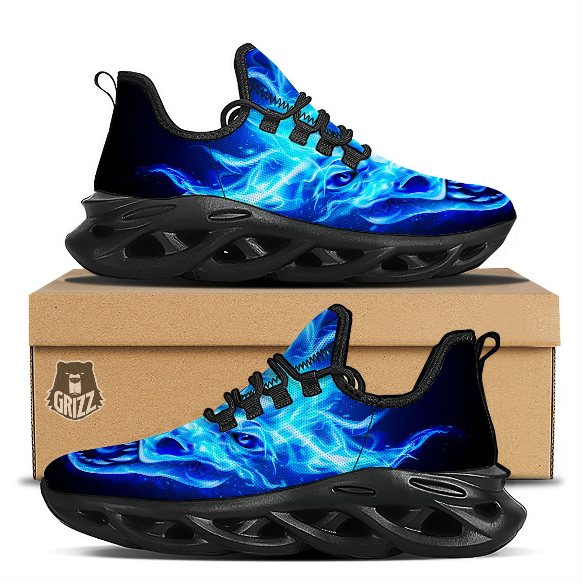 Dragon Head in Blue Flame Print Black Running Shoes-grizzshop