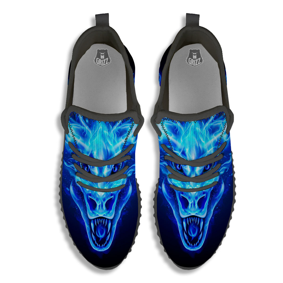 Dragon Head in Blue Flame Print Black Walking Shoes-grizzshop