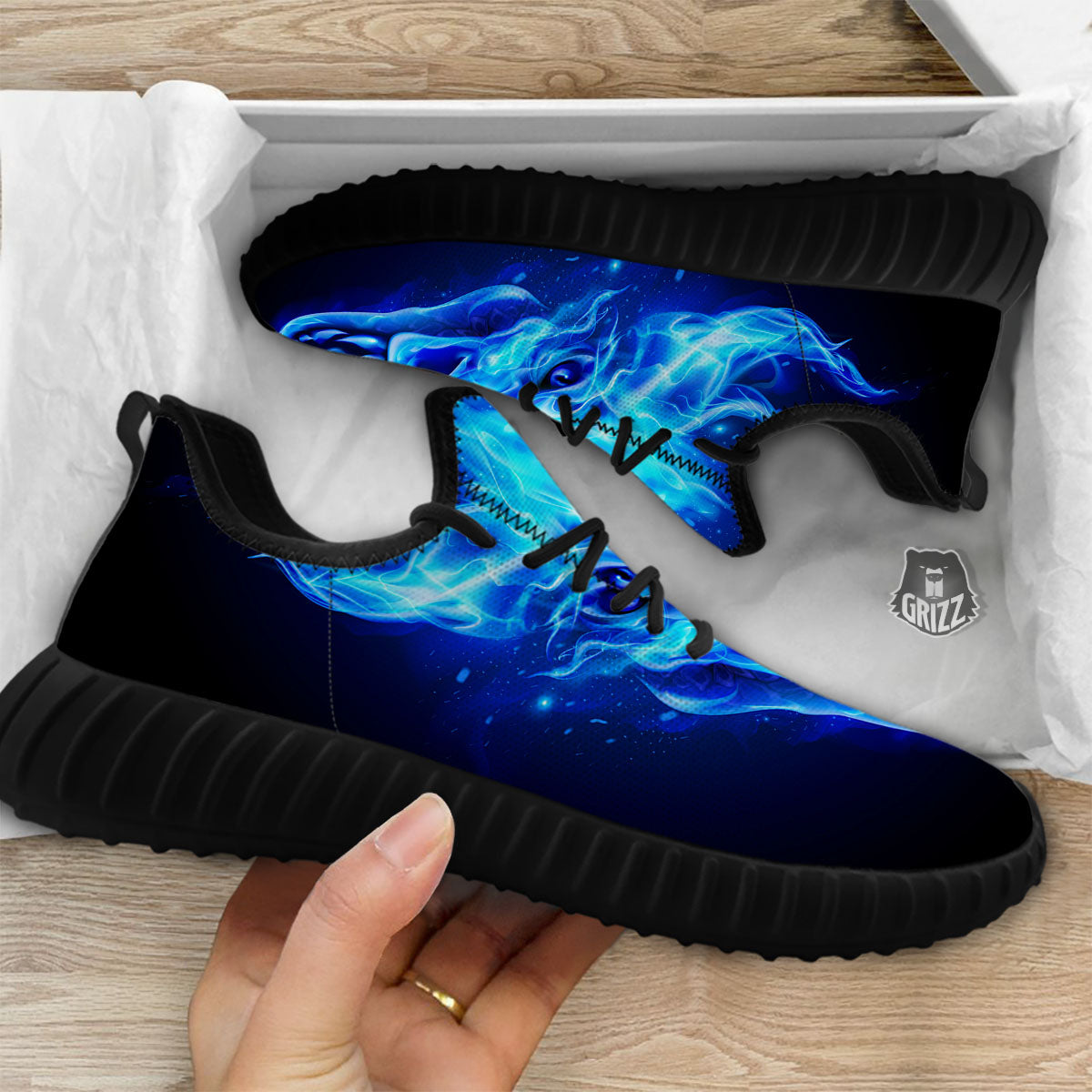 Dragon Head in Blue Flame Print Black Walking Shoes-grizzshop