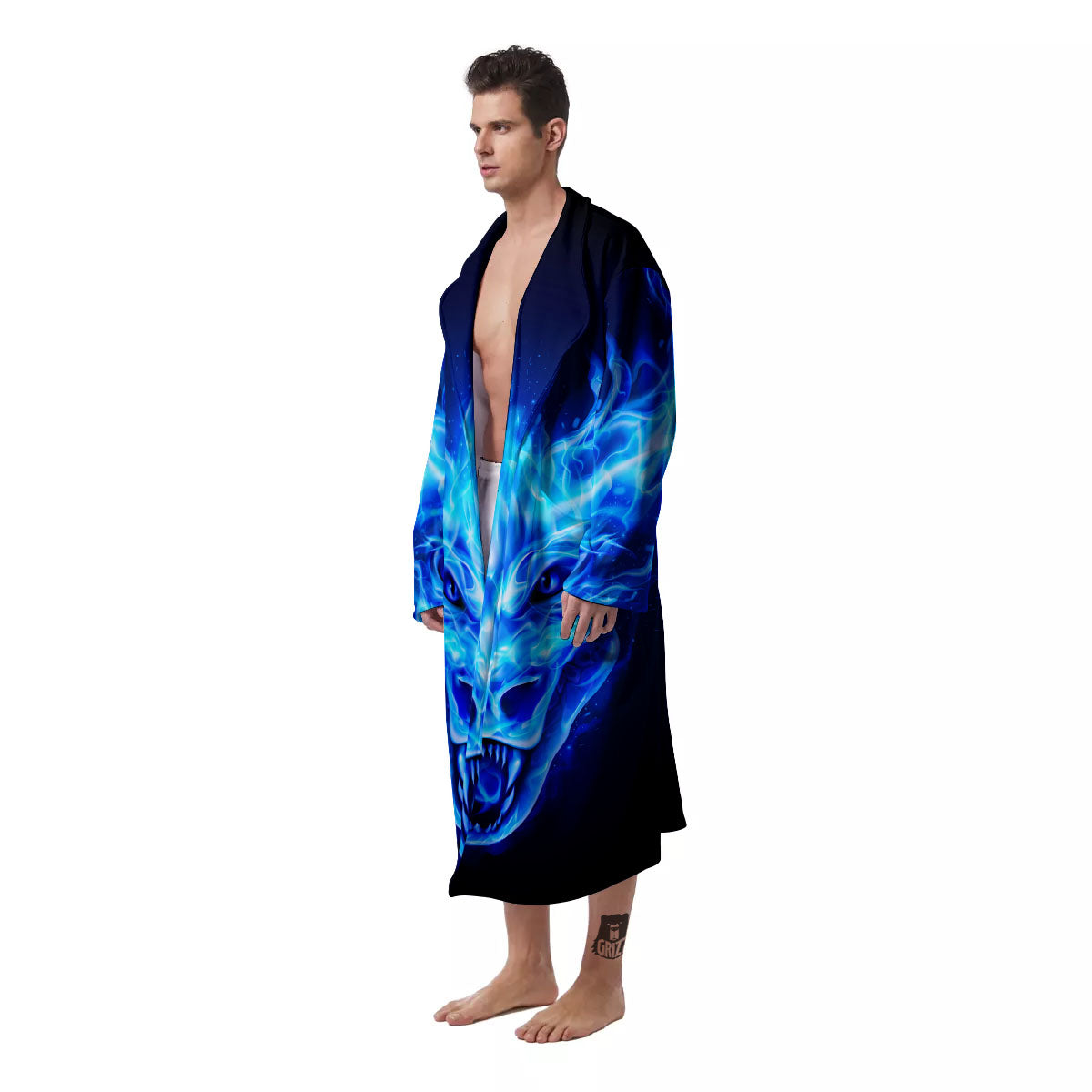 Dragon Head in Blue Flame Print Men's Robe-grizzshop