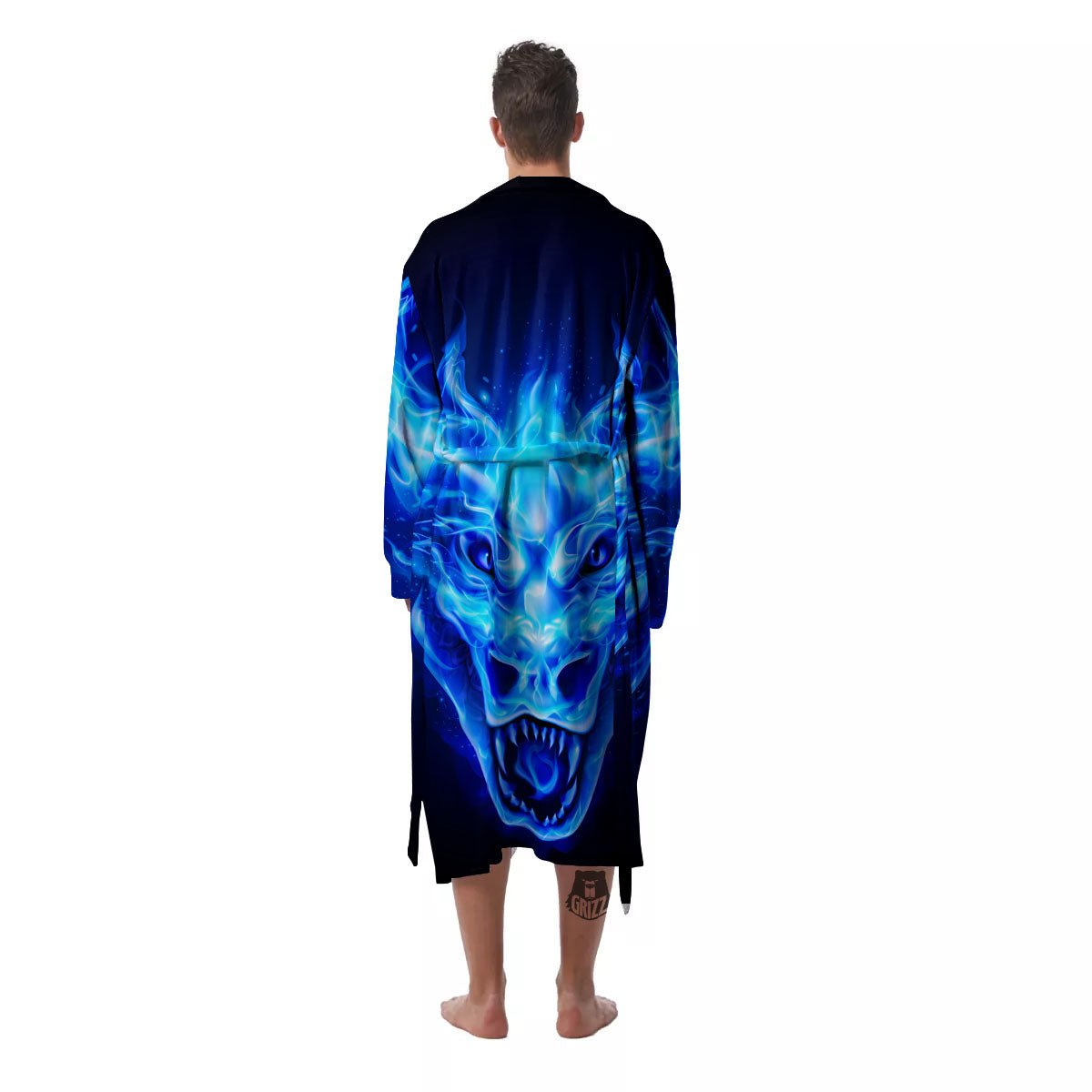 Dragon Head in Blue Flame Print Men's Robe-grizzshop
