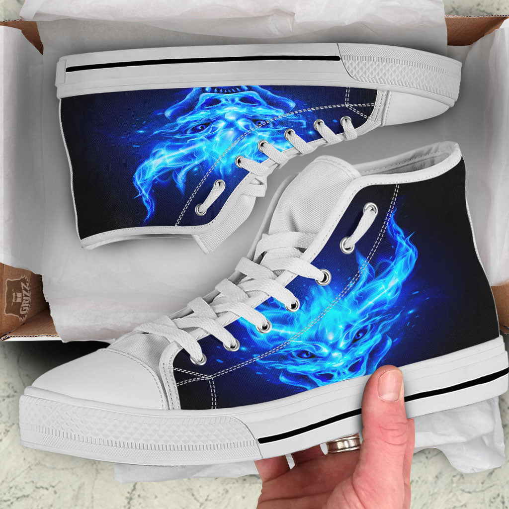 Dragon Head in Blue Flame Print White High Top Shoes-grizzshop