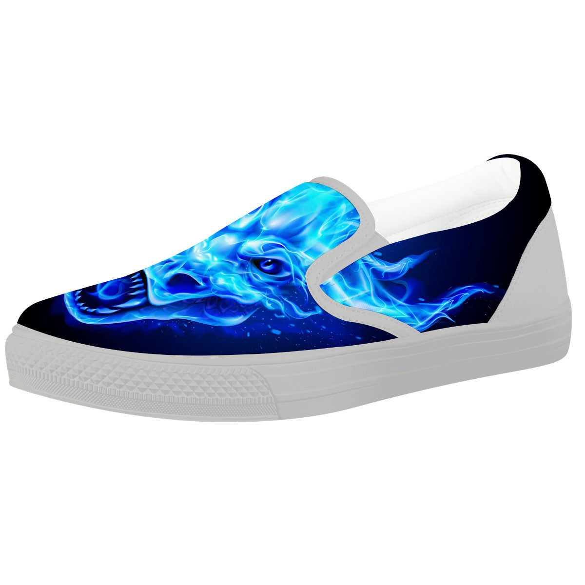Dragon Head in Blue Flame Print White Slip On Shoes-grizzshop