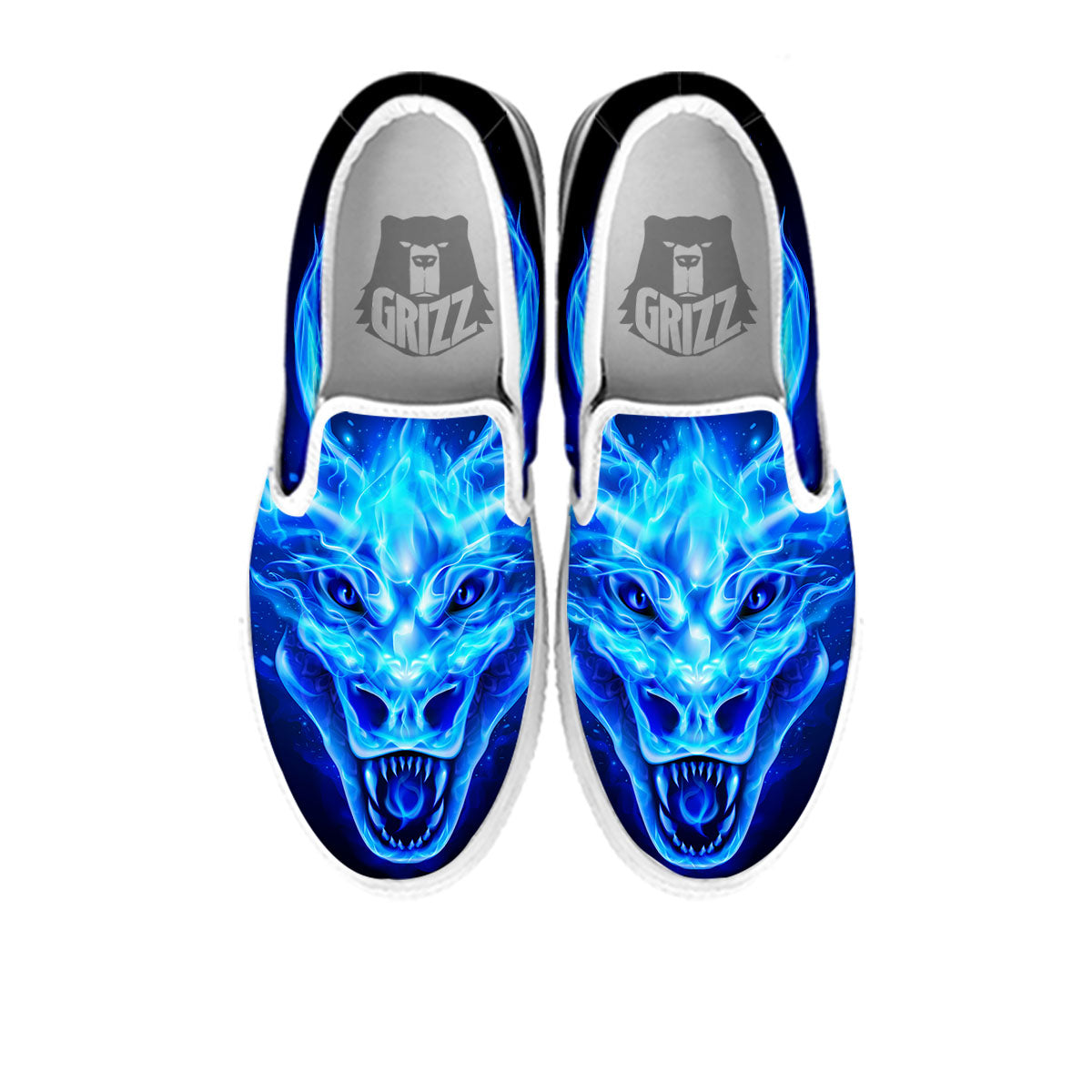 Dragon Head in Blue Flame Print White Slip On Shoes-grizzshop