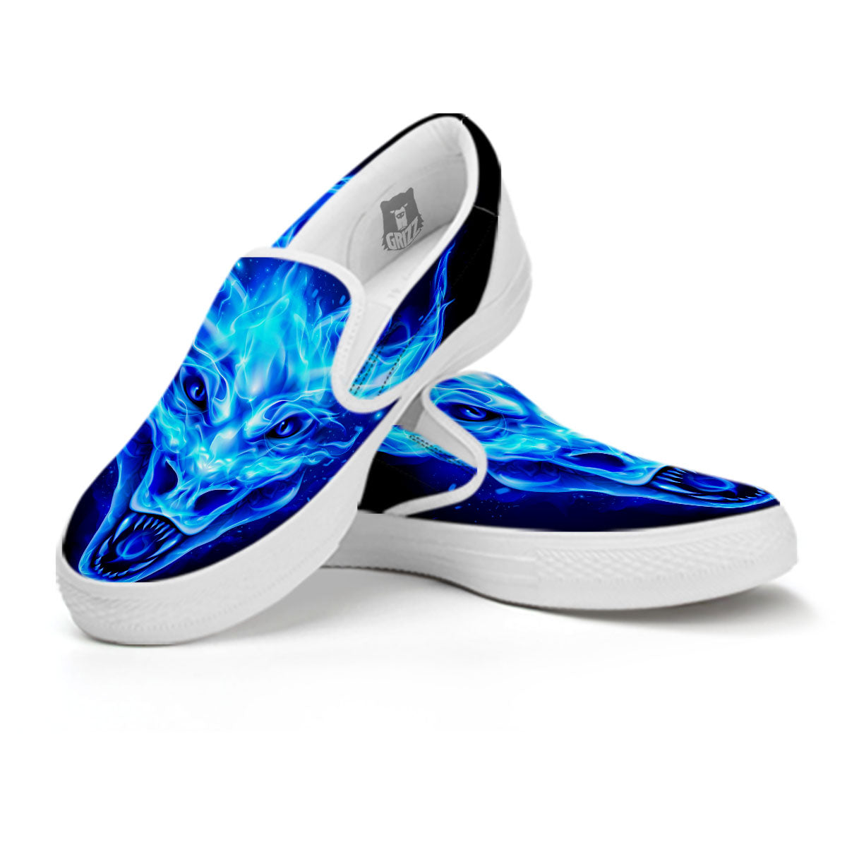 Dragon Head in Blue Flame Print White Slip On Shoes-grizzshop