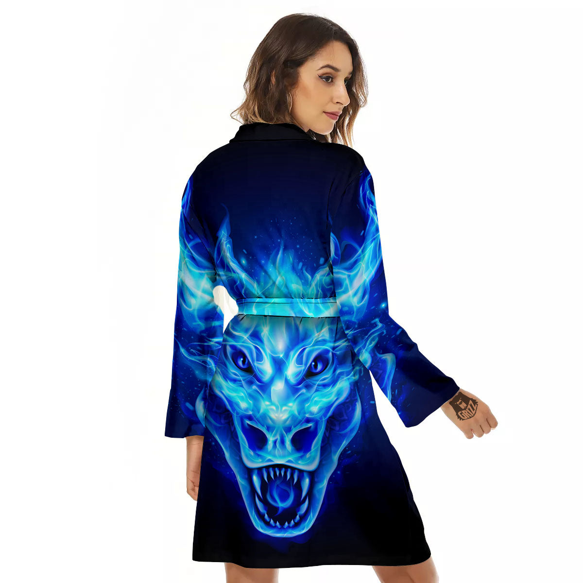 Dragon Head in Blue Flame Print Women's Robe-grizzshop