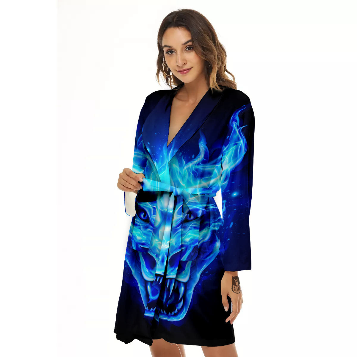 Dragon Head in Blue Flame Print Women's Robe-grizzshop