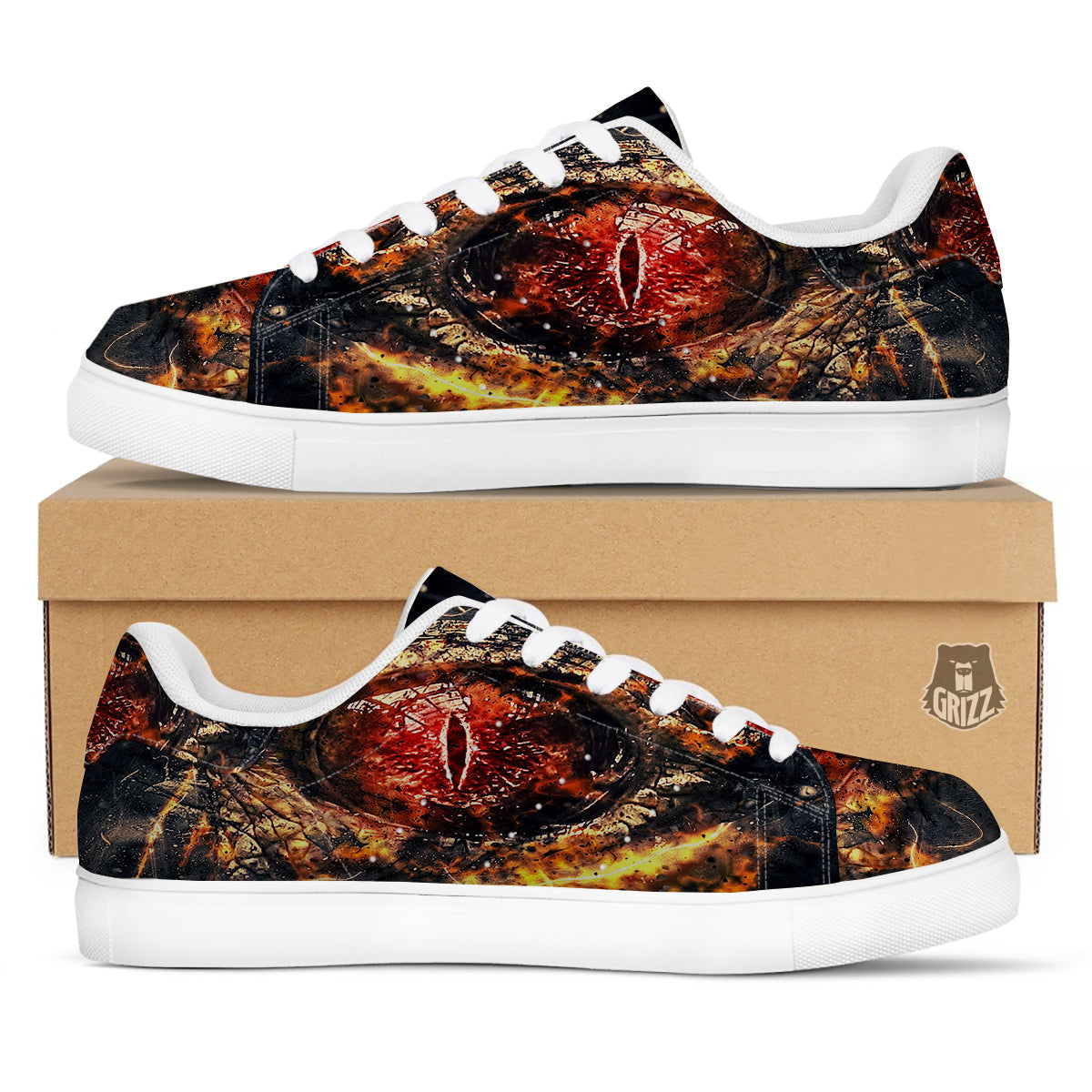 Dragon Red Eye Fire Print White Low Top Sneakers-grizzshop