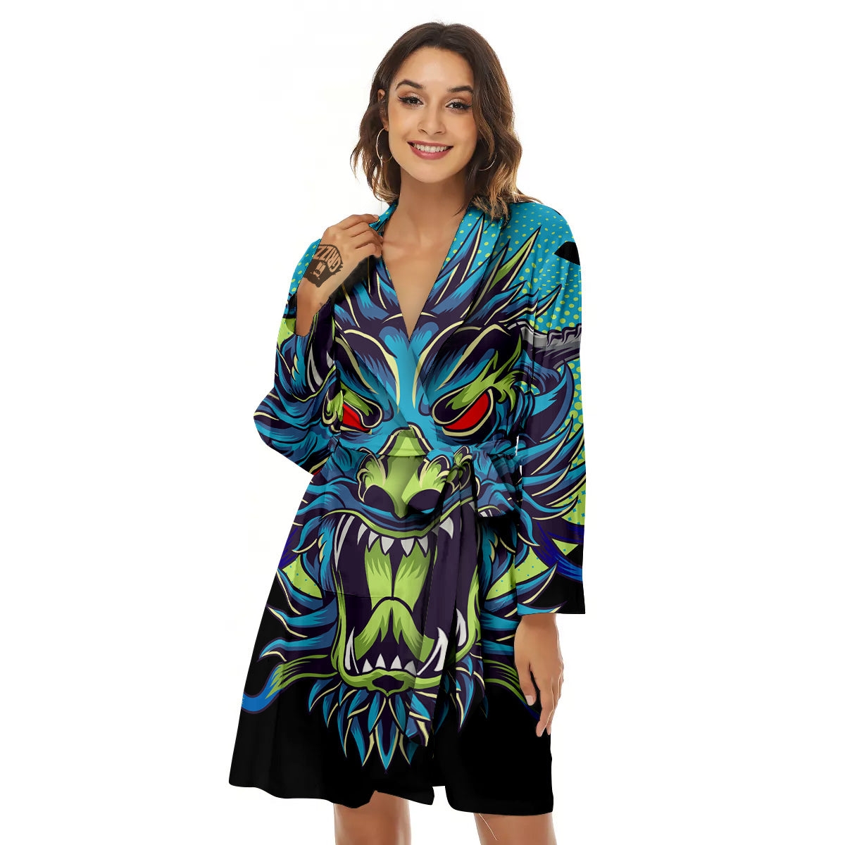 Dragon Tattoo Blue Japanese Print Women's Robe-grizzshop