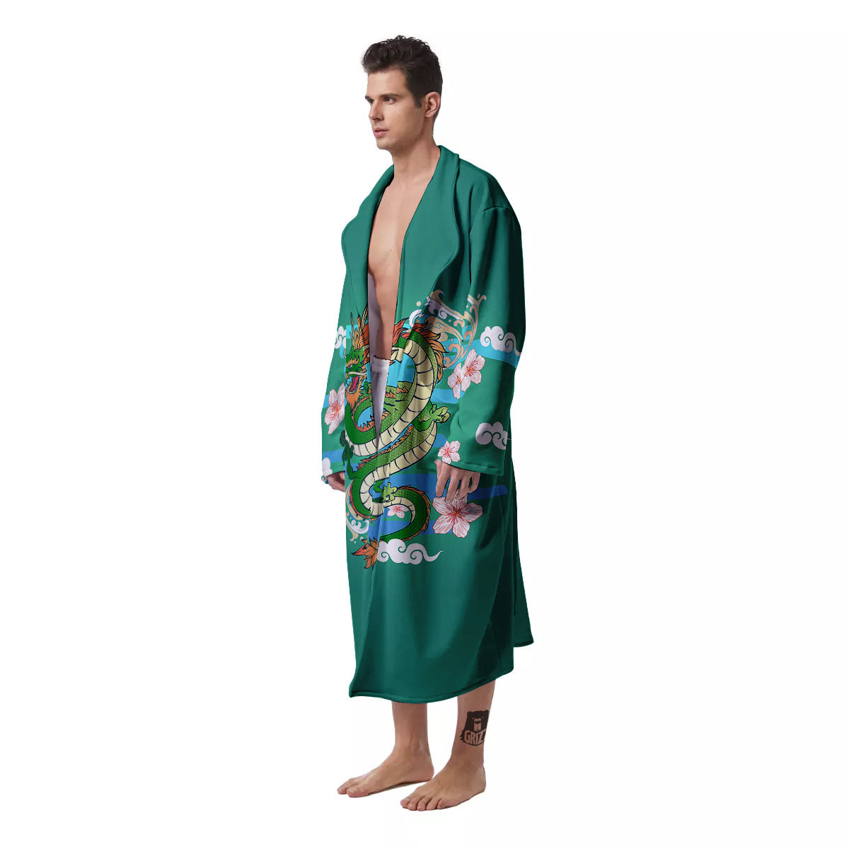 Dragon Tattoo Green Japanese Print Men's Robe-grizzshop