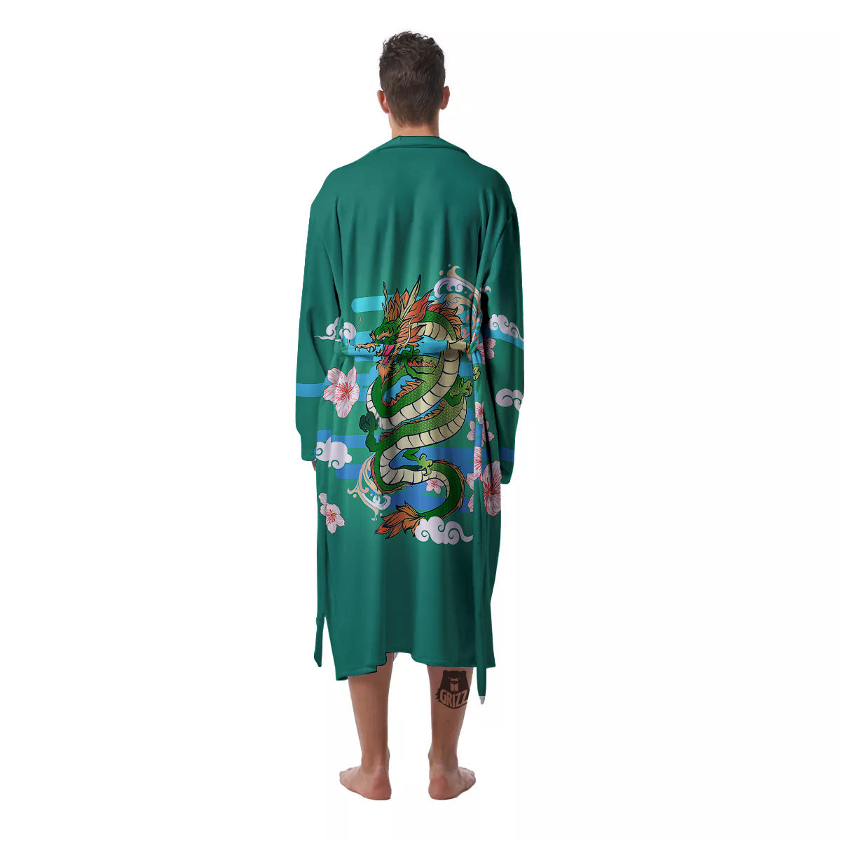 Dragon Tattoo Green Japanese Print Men's Robe-grizzshop