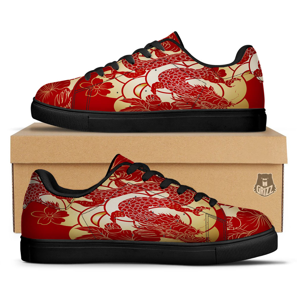 Red Oriental Chinese Dragon Men's Slip On Sneakers