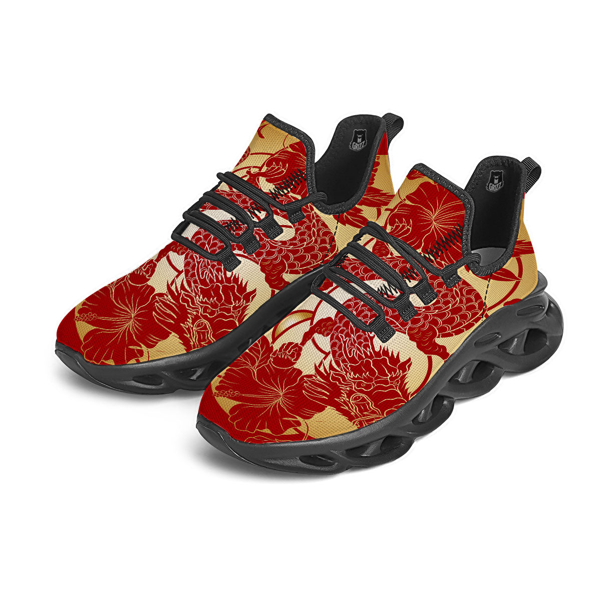 Dragon Tattoo Red Japanese Print Black Running Shoes-grizzshop