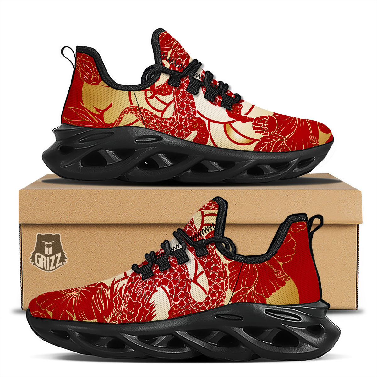 Dragon Tattoo Red Japanese Print Black Running Shoes-grizzshop