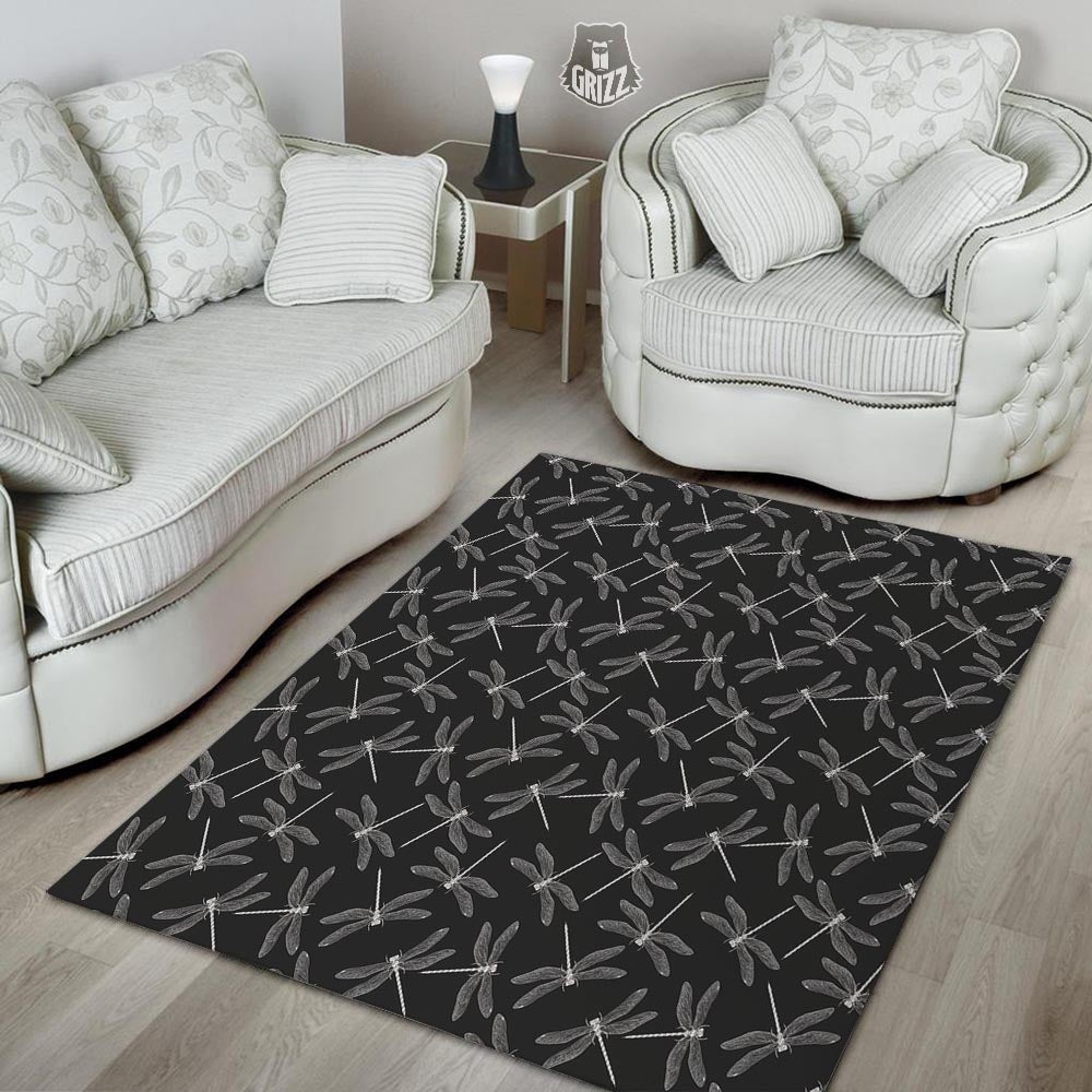 Dragonfly Black Print Pattern Floor Mat-grizzshop