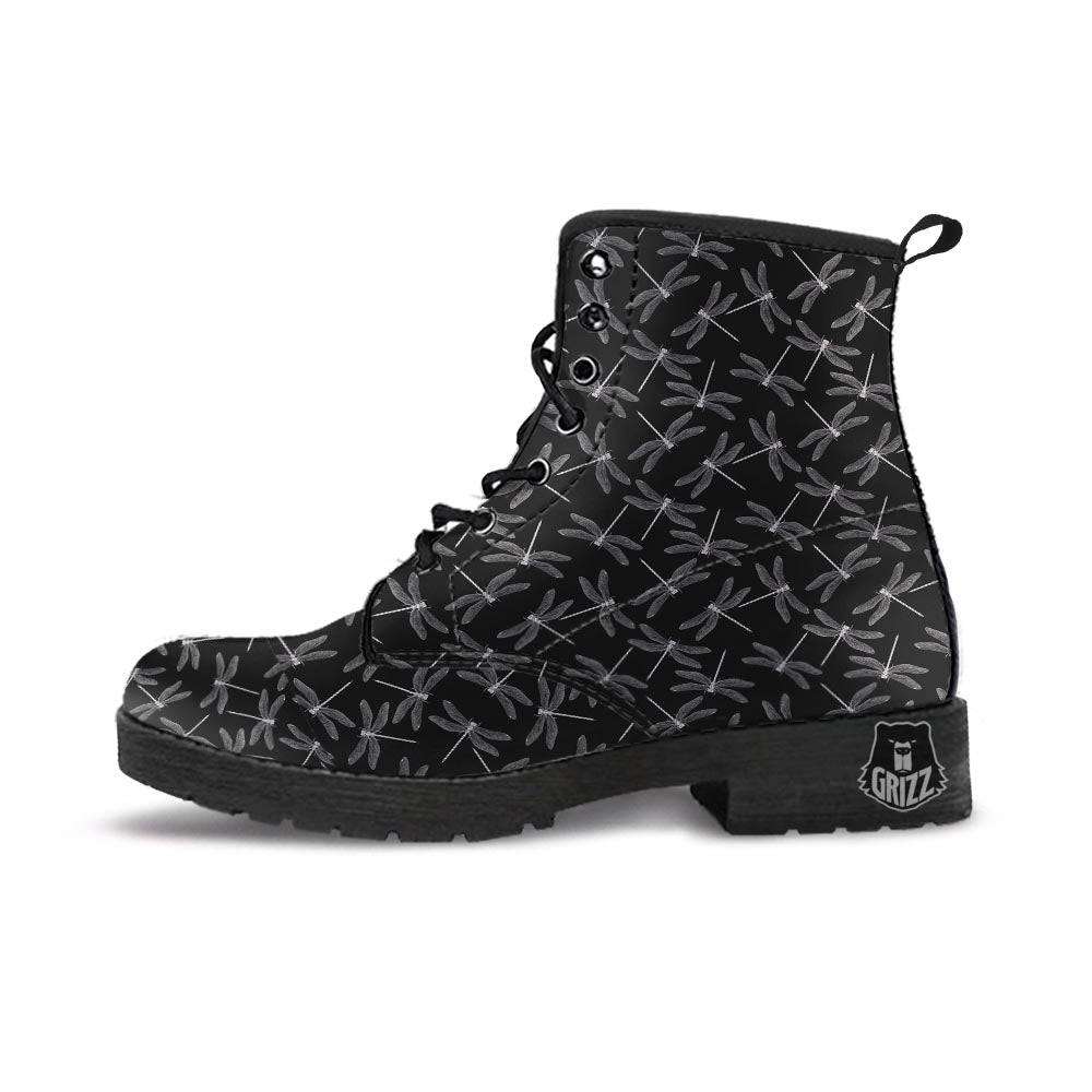 Dragonfly Black Print Pattern Leather Boots-grizzshop