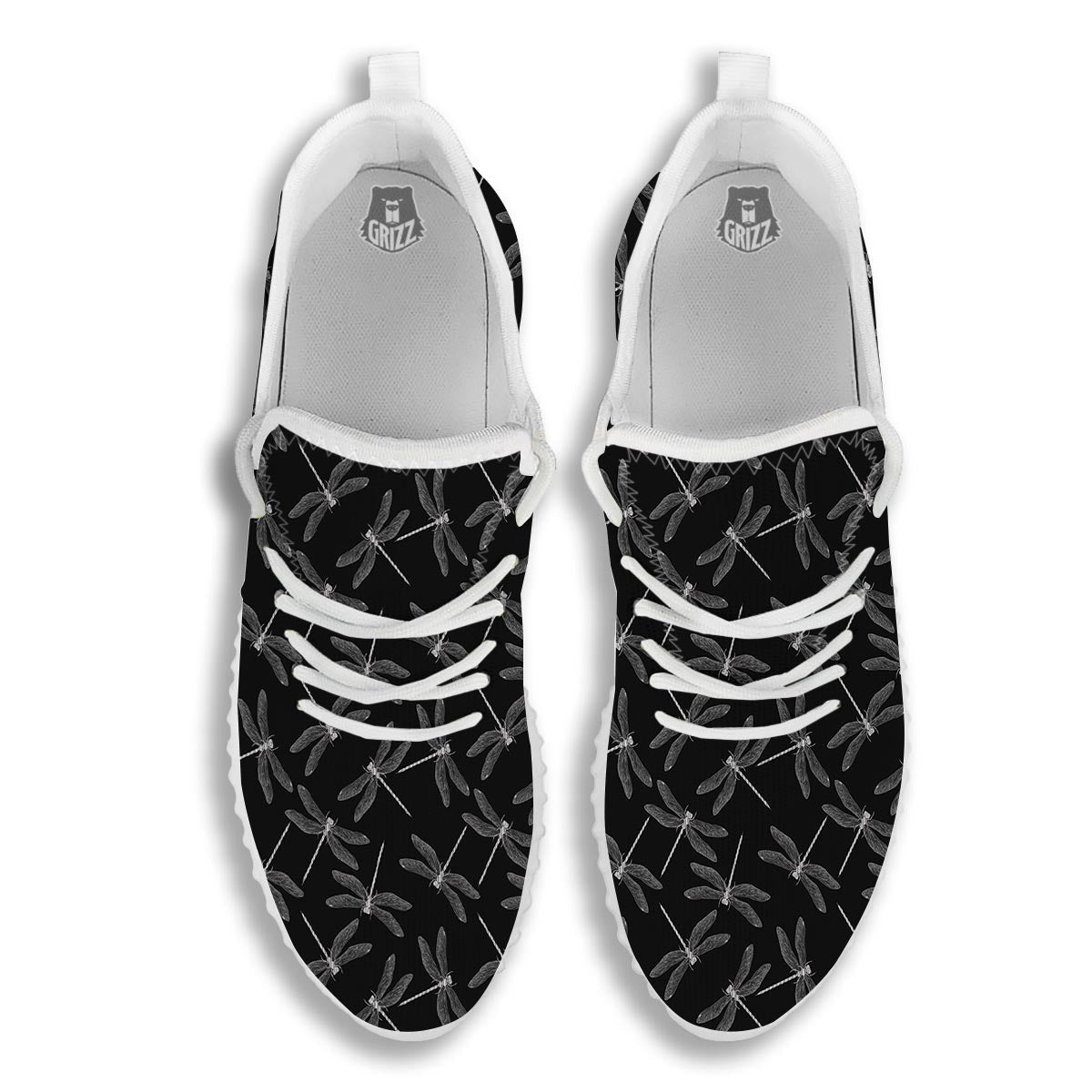 Dragonfly Black Print Pattern White Walking Shoes-grizzshop