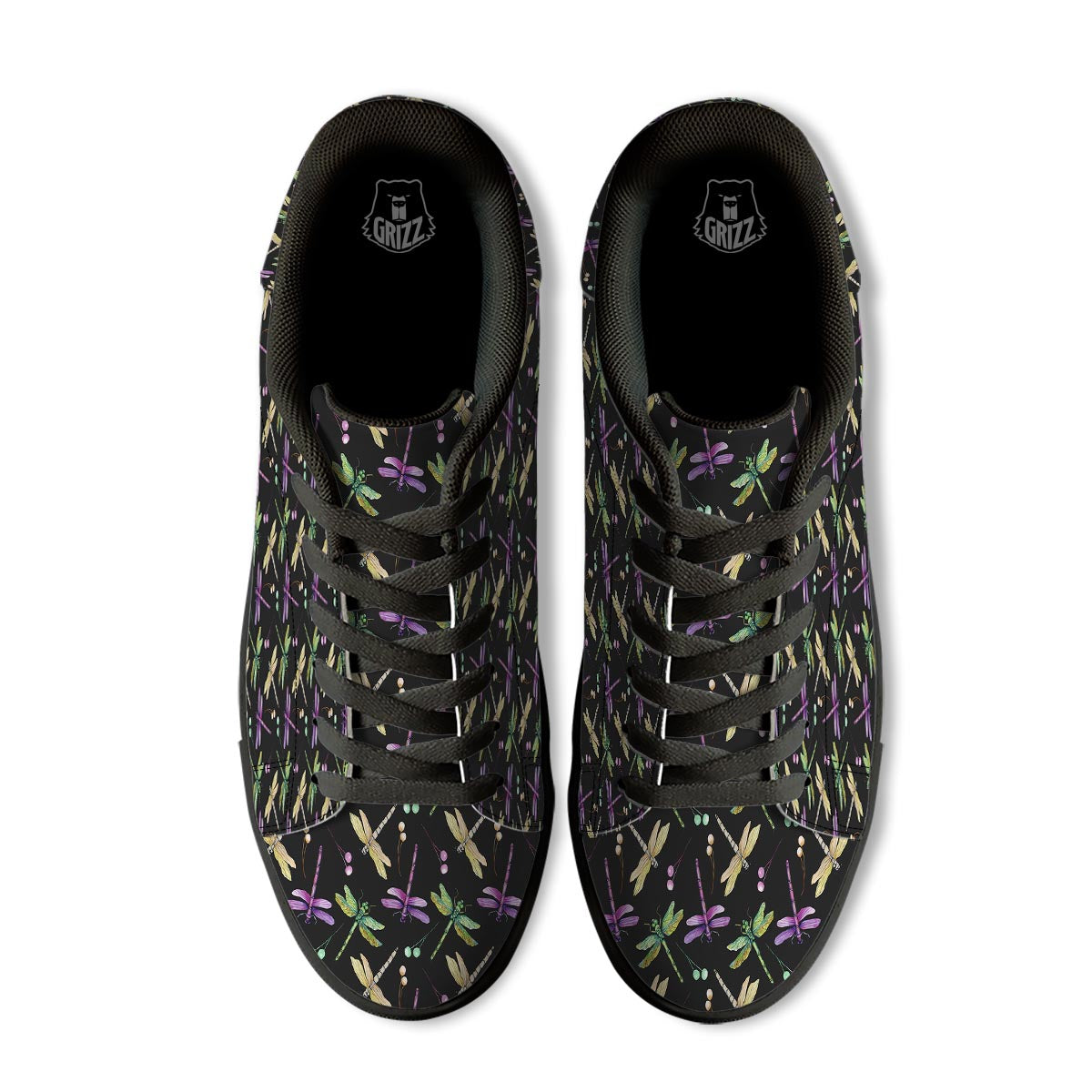Dragonfly Black Purple And Teal Print Pattern Black Low Top Sneakers-grizzshop