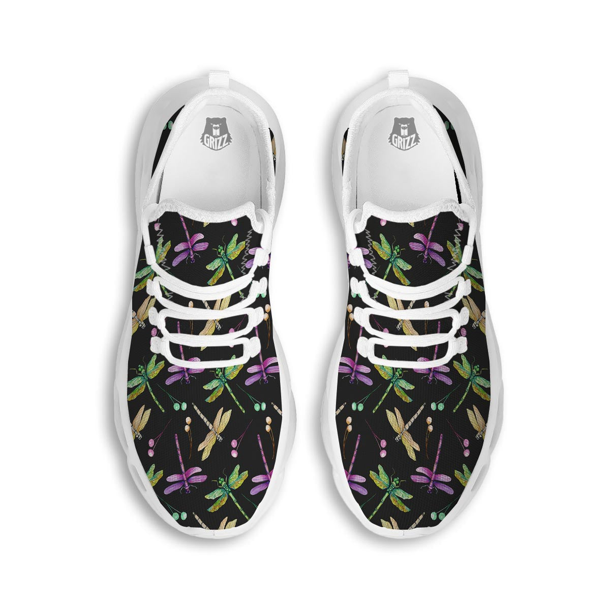 Dragonfly Black Purple And Teal Print Pattern White Running Shoes-grizzshop