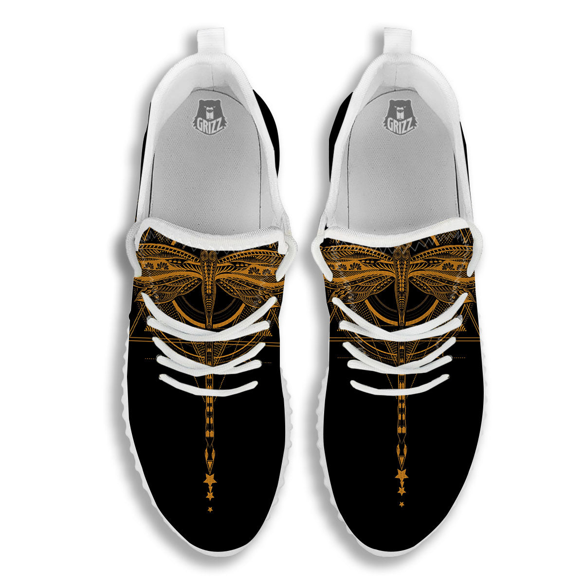 Dragonfly Boho Gold Print White Walking Shoes-grizzshop