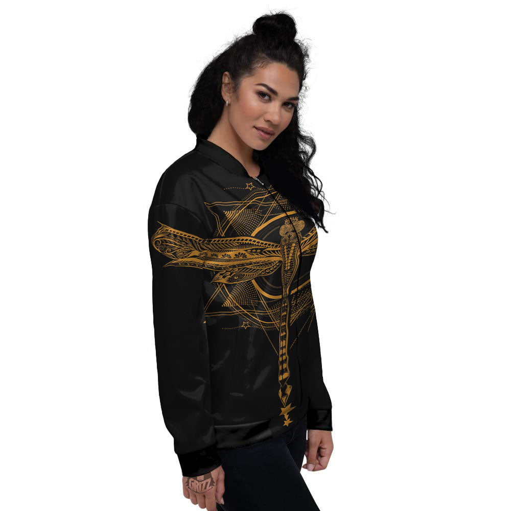 Dragonfly Boho Gold Print Women's Bomber Jacket-grizzshop
