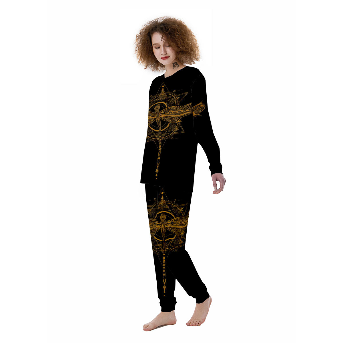 Dragonfly Boho Gold Print Women's Pajamas-grizzshop