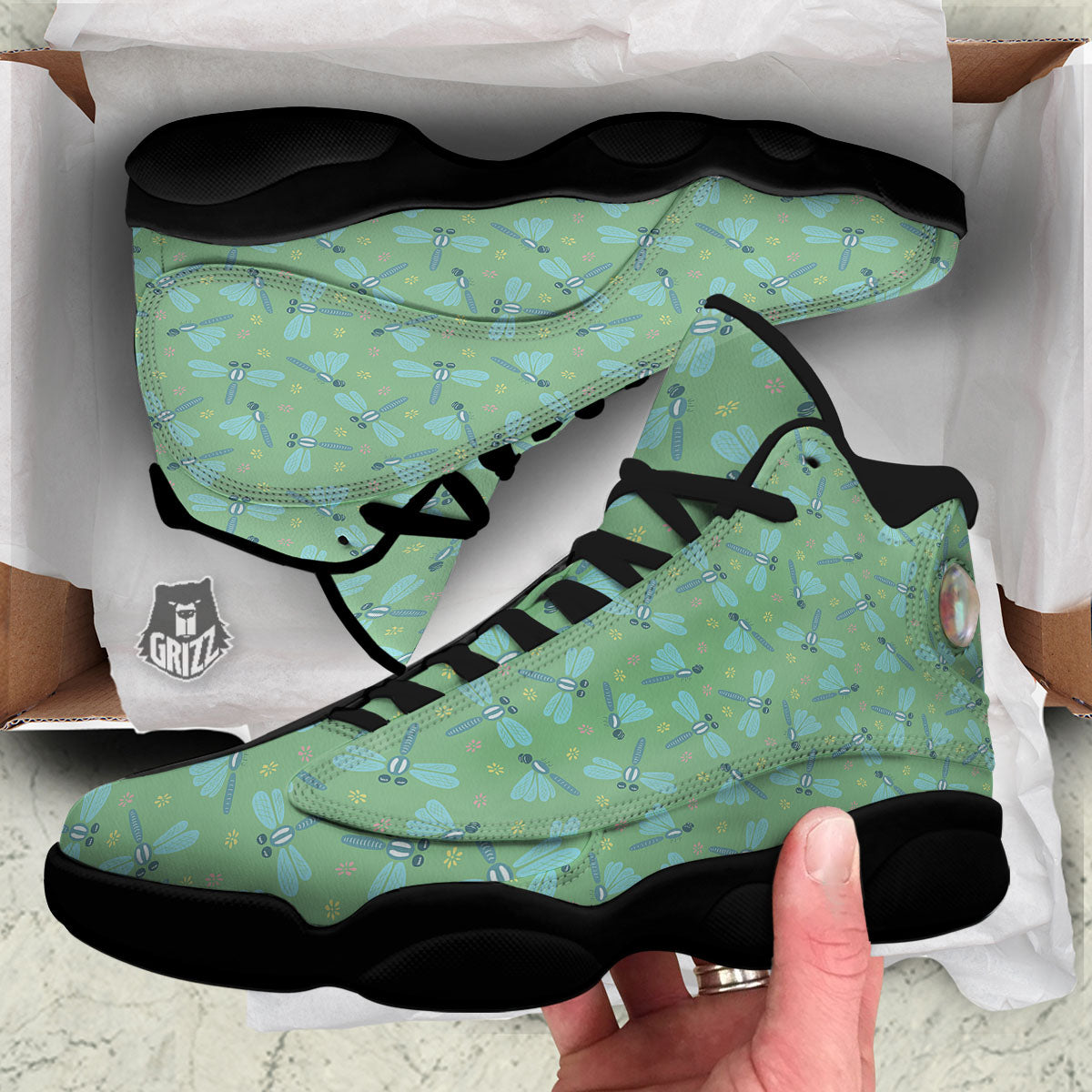 Dragonfly Green Print Pattern Black Basketball Shoes-grizzshop