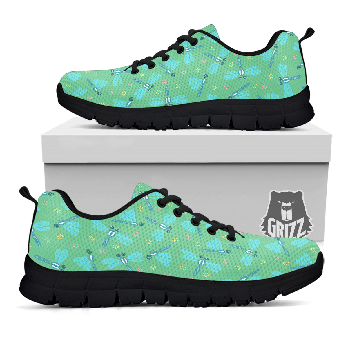 Dragonfly Green Print Pattern Black Sneaker-grizzshop