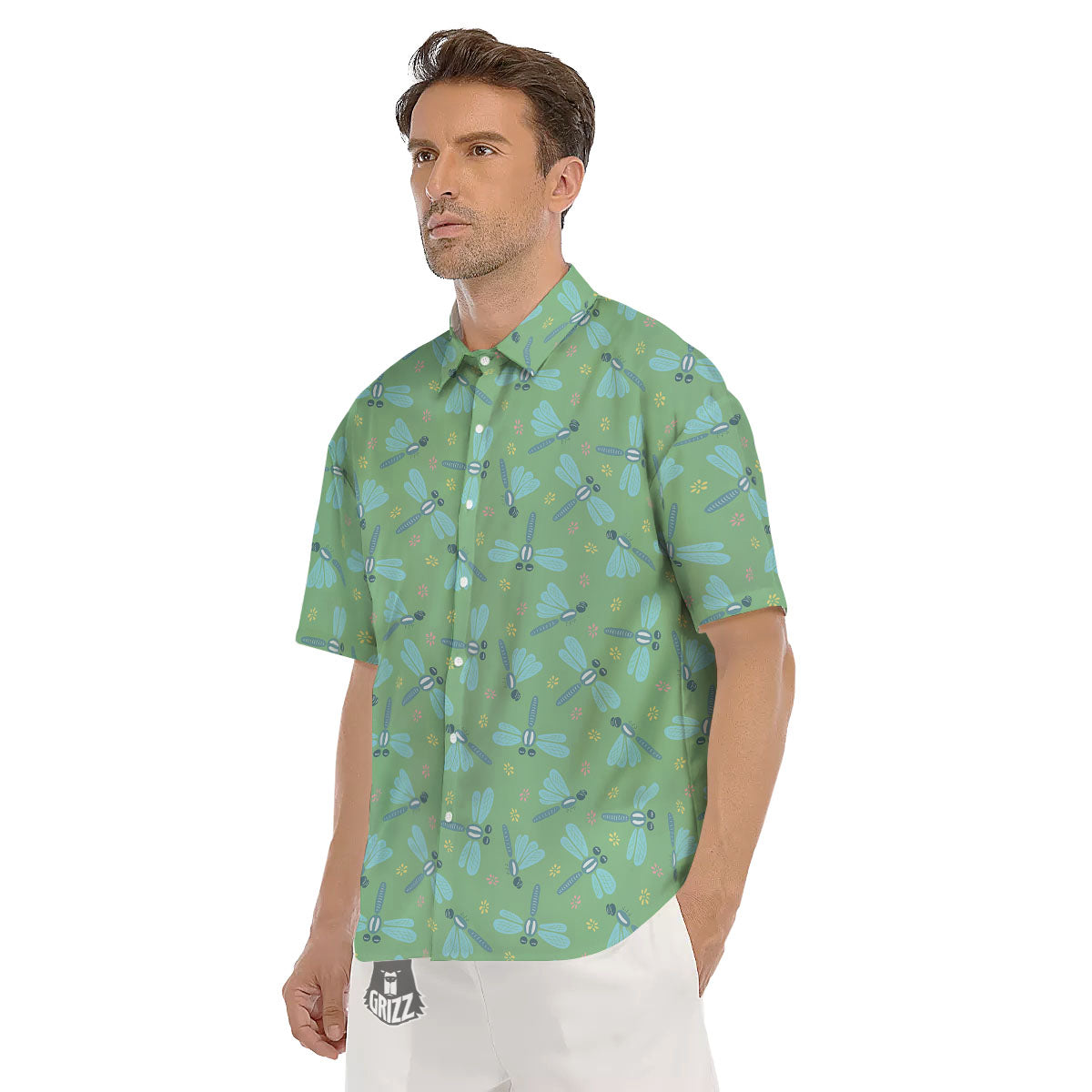 Dragonfly Green Print Pattern Men's Short Sleeve Shirts-grizzshop