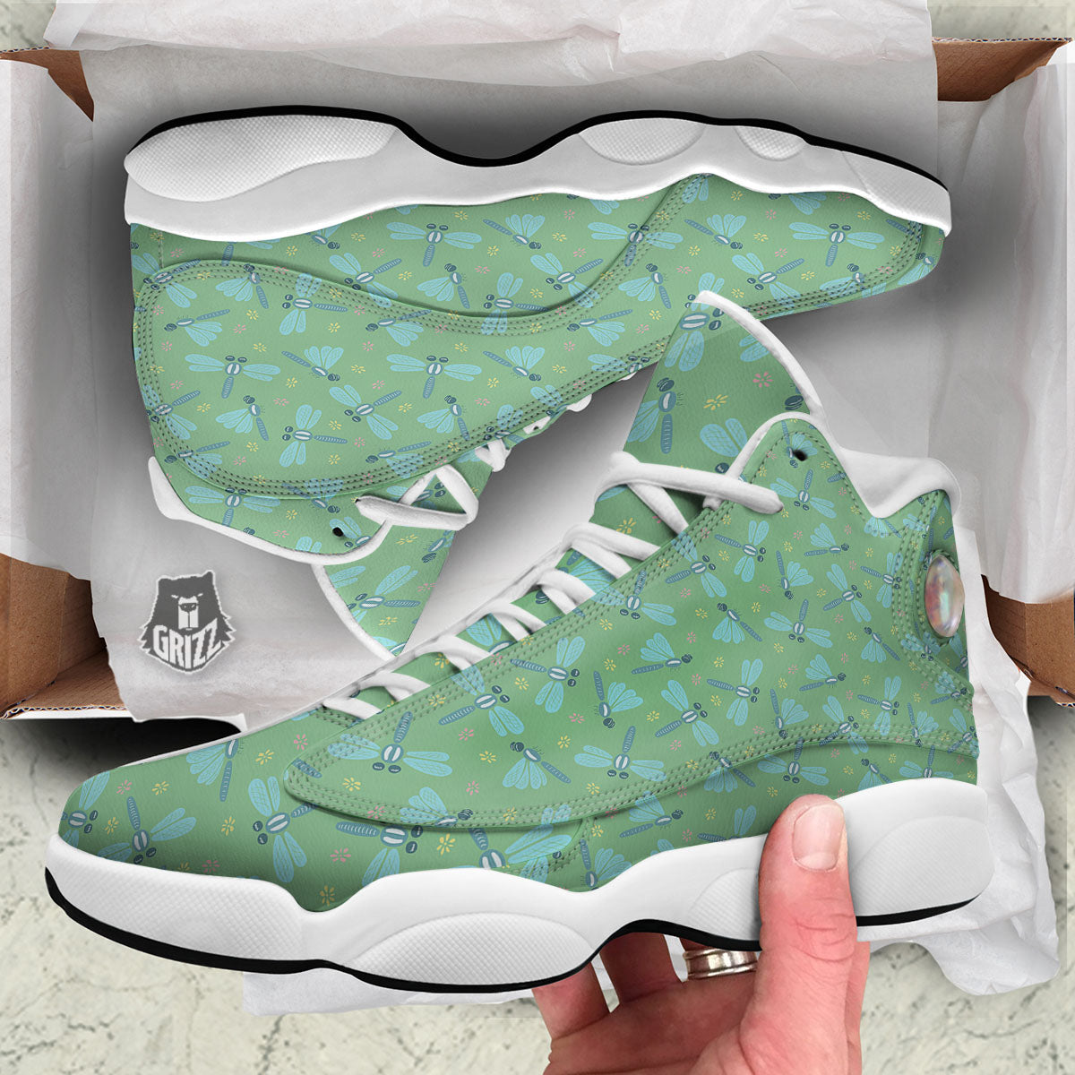 Dragonfly Green Print Pattern White Basketball Shoes-grizzshop