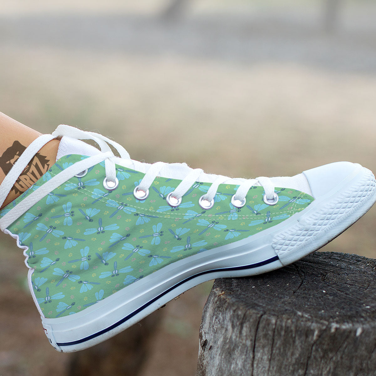 Dragonfly Green Print Pattern White High Top Shoes-grizzshop