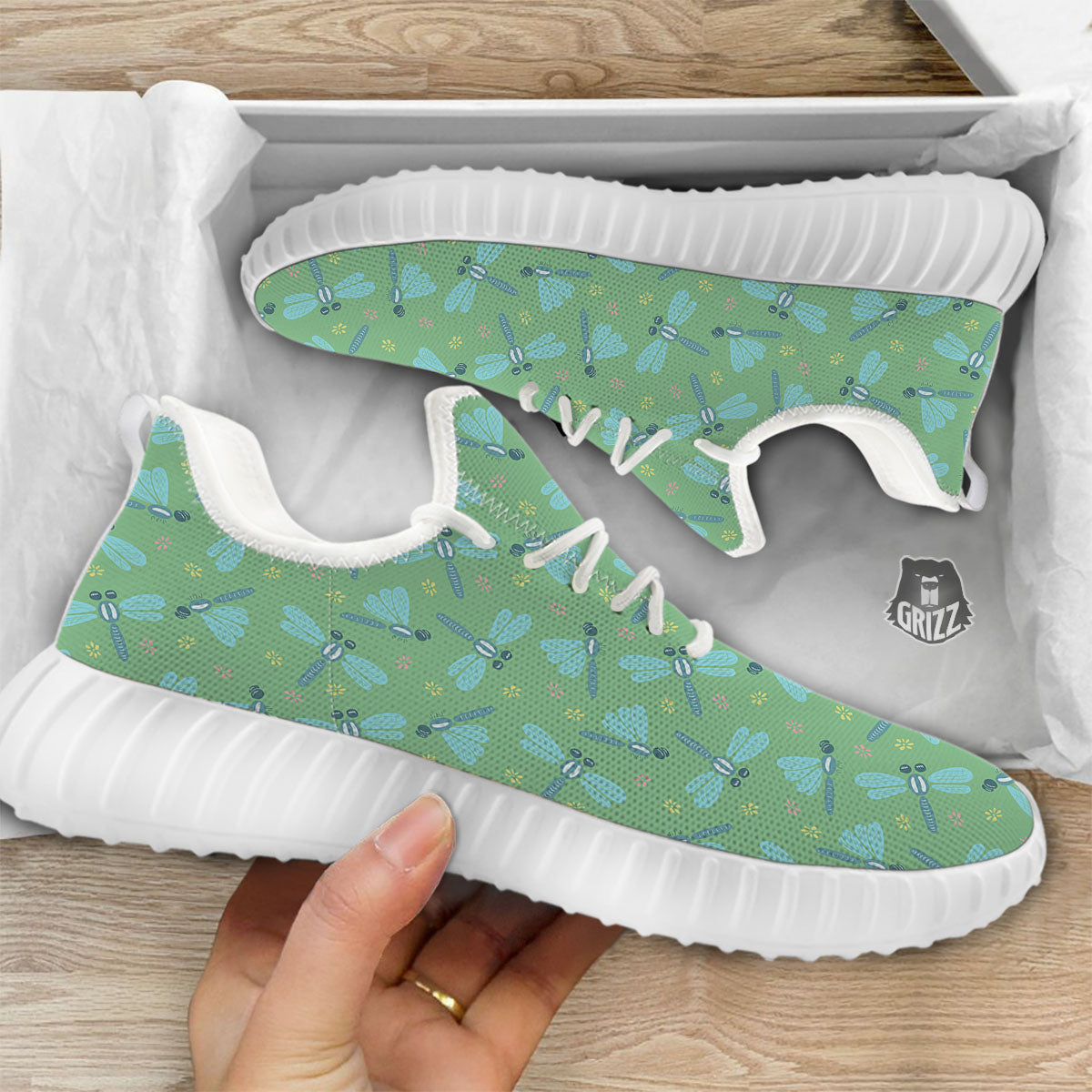 Dragonfly Green Print Pattern White Walking Shoes-grizzshop