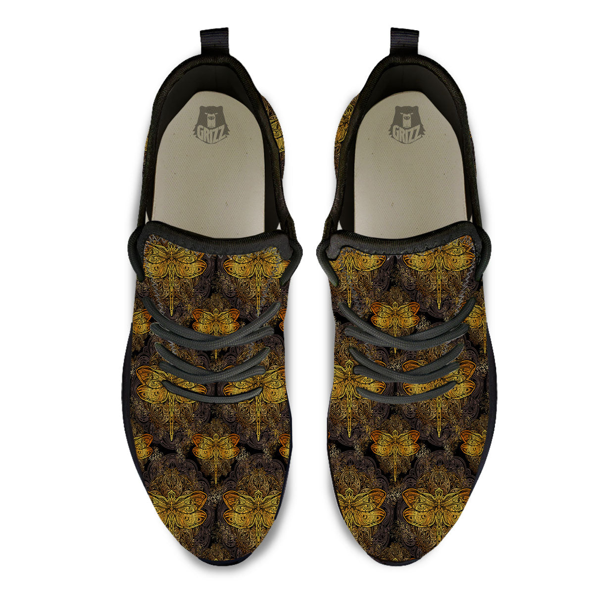 Dragonfly Spiritual Golden Print Black Athletic Shoes-grizzshop