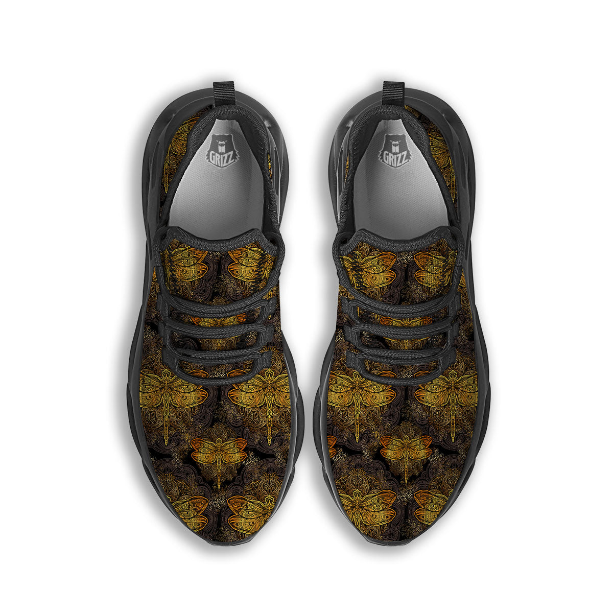 Dragonfly Spiritual Golden Print Black Running Shoes-grizzshop