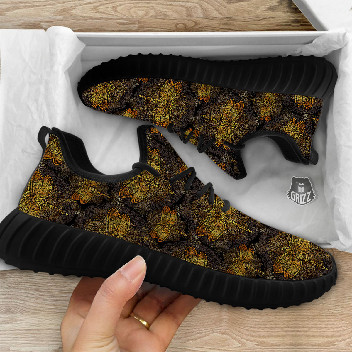 Dragonfly Spiritual Golden Print Black Walking Shoes-grizzshop