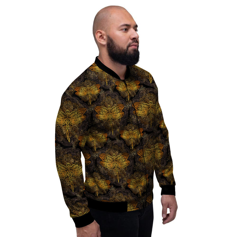 Dragonfly Spiritual Golden Print Men's Bomber Jacket-grizzshop