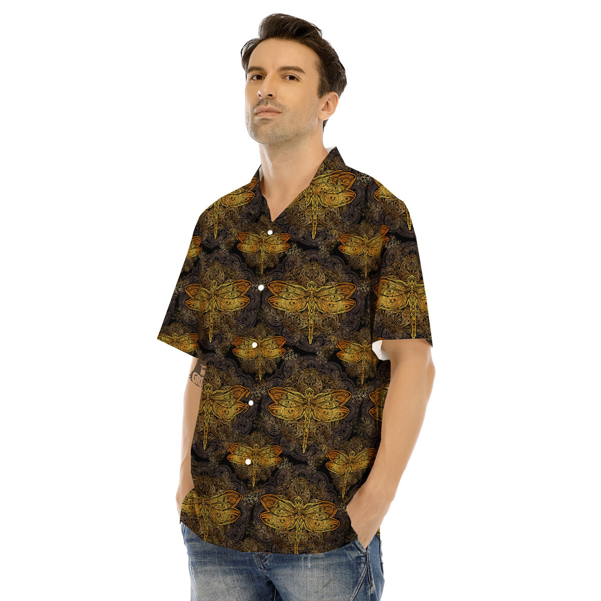 Dragonfly Spiritual Golden Print Men's Hawaiian Shirt-grizzshop