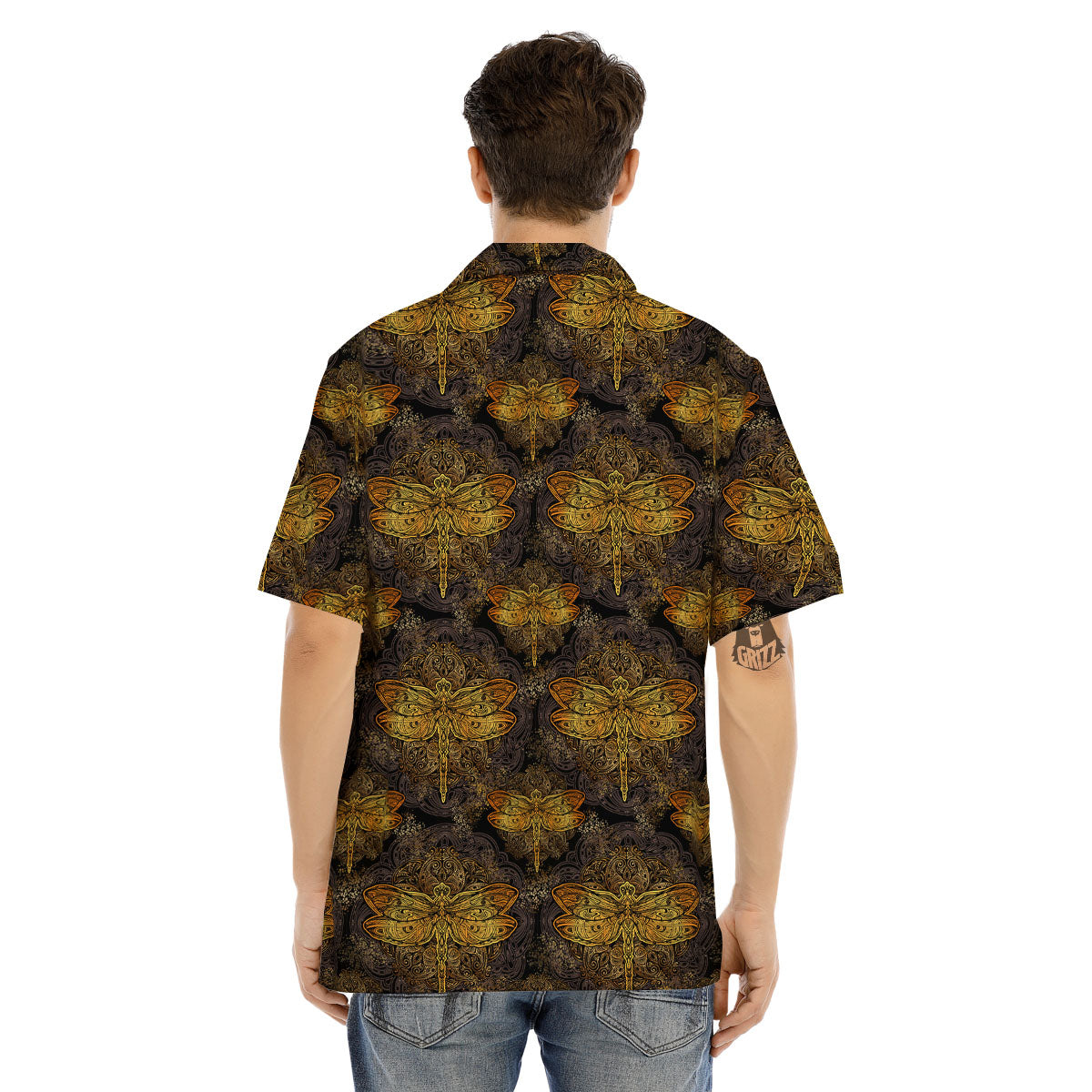 Dragonfly Spiritual Golden Print Men's Hawaiian Shirt-grizzshop