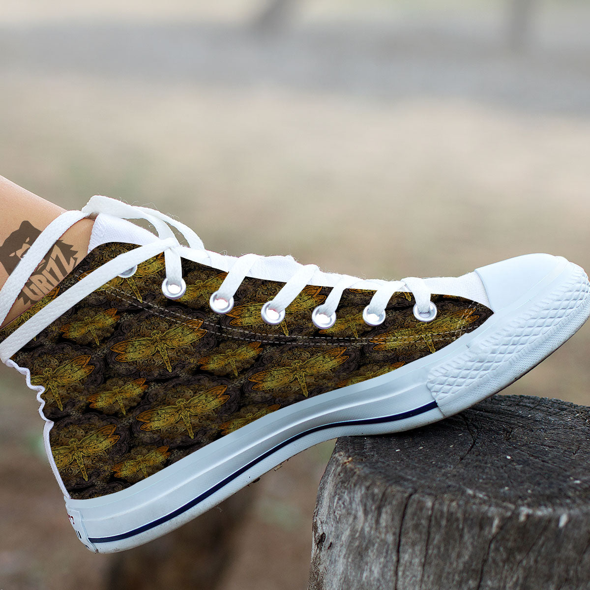 Dragonfly Spiritual Golden Print White High Top Shoes-grizzshop
