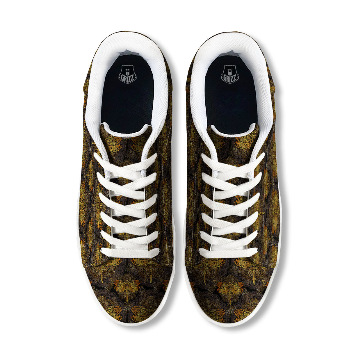 Dragonfly Spiritual Golden Print White Low Top Sneakers-grizzshop