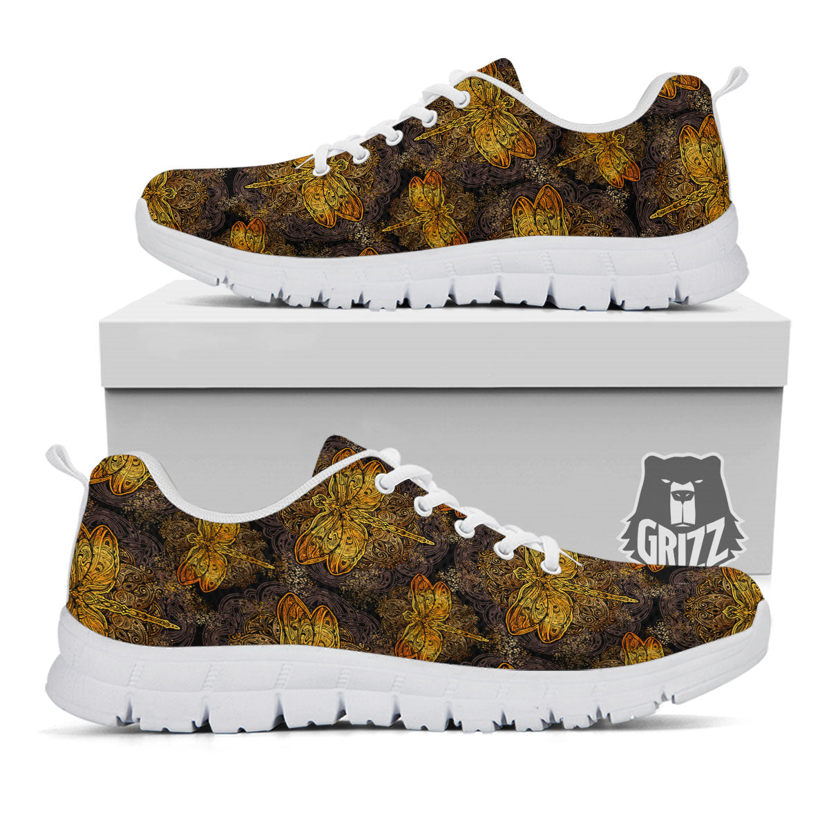 Dragonfly Spiritual Golden Print White Sneaker-grizzshop