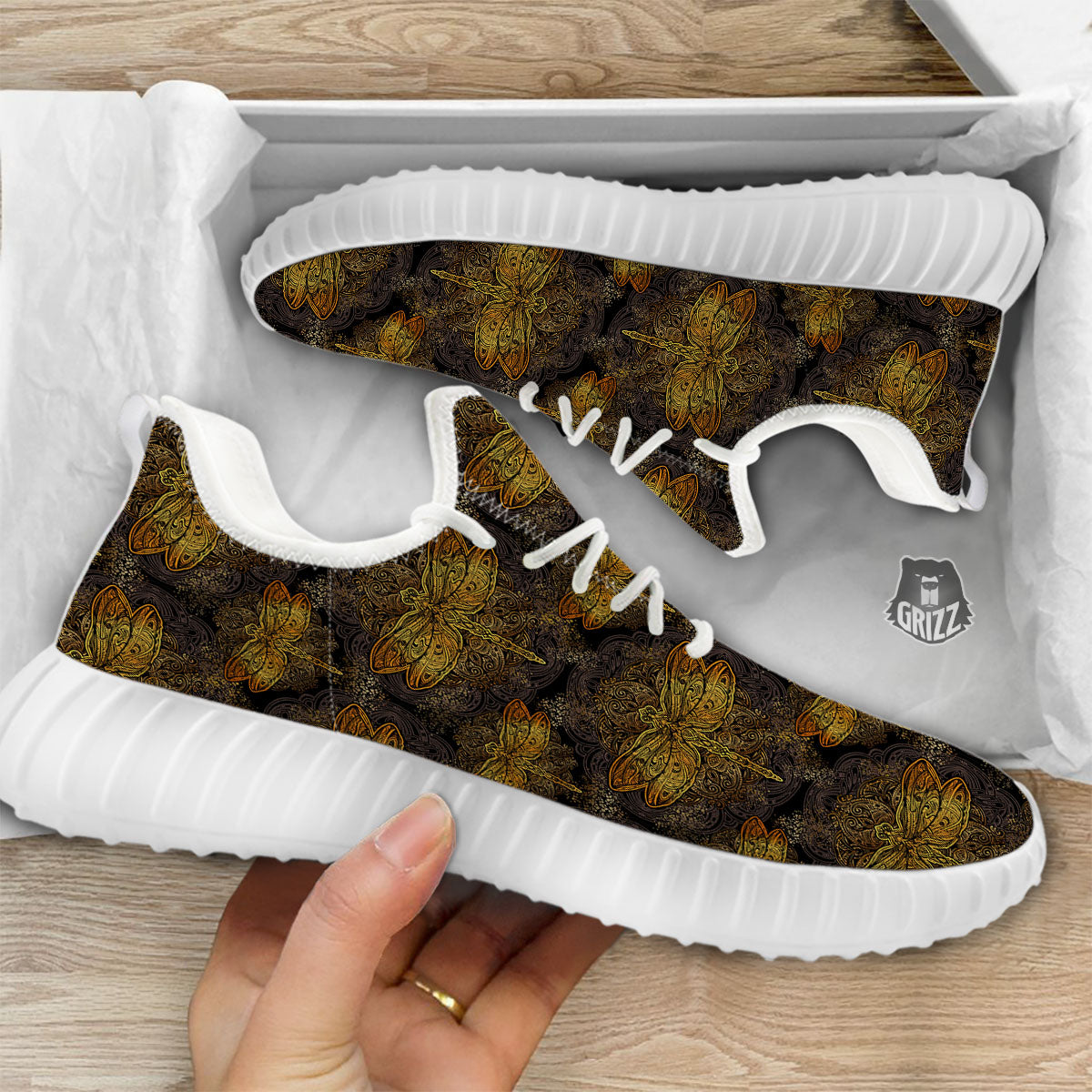 Dragonfly Spiritual Golden Print White Walking Shoes-grizzshop