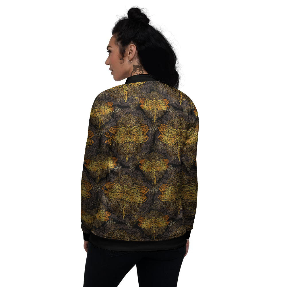 Dragonfly Spiritual Golden Print Women's Bomber Jacket-grizzshop