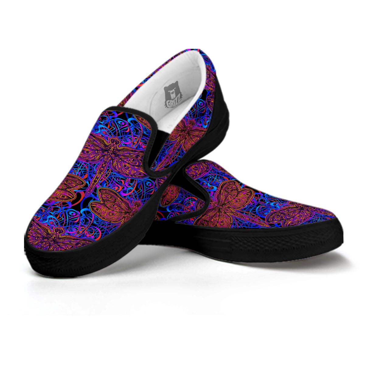 Dragonfly Trippy Print Pattern Black Slip On Shoes-grizzshop
