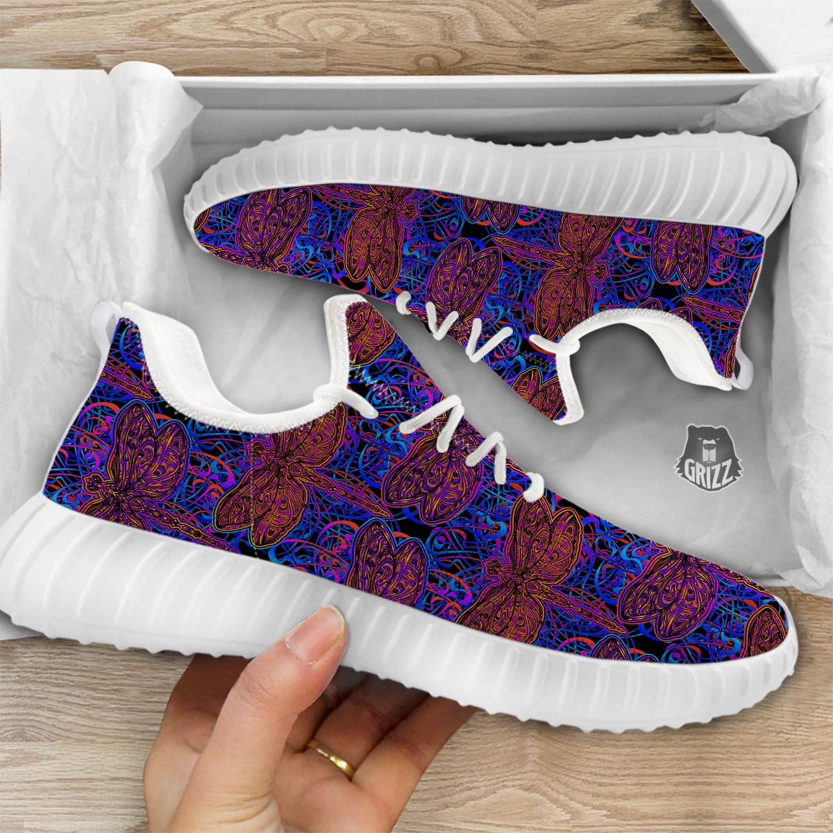Dragonfly Trippy Print Pattern White Walking Shoes-grizzshop