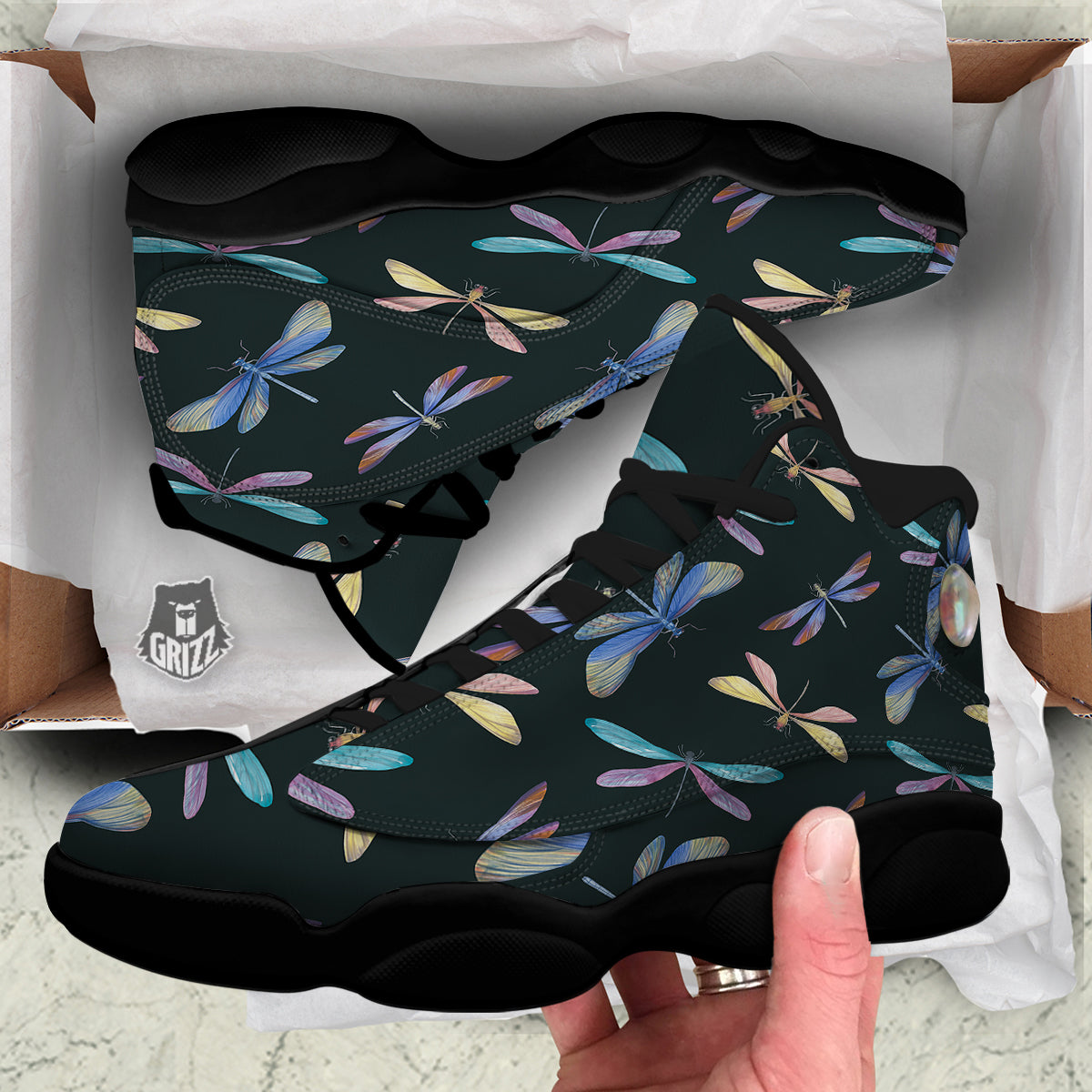 Dragonfly Vintage Print Pattern Black Basketball Shoes-grizzshop