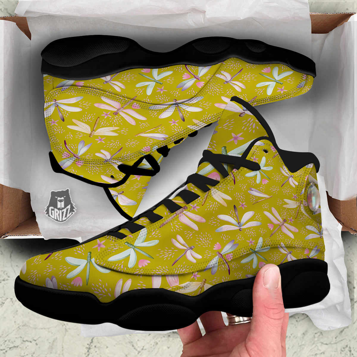 Dragonfly Yellow Watercolor Print Pattern Black Basketball Shoes-grizzshop