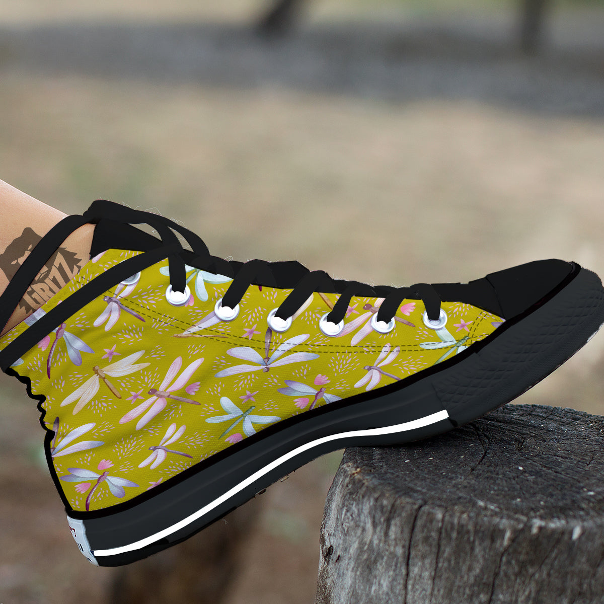 Dragonfly Yellow Watercolor Print Pattern Black High Top Shoes-grizzshop
