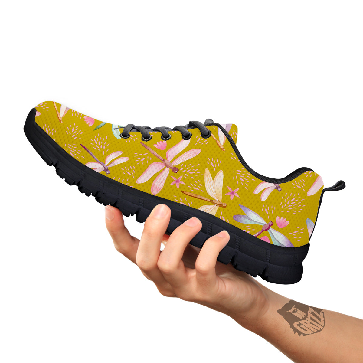 Dragonfly Yellow Watercolor Print Pattern Black Sneaker-grizzshop